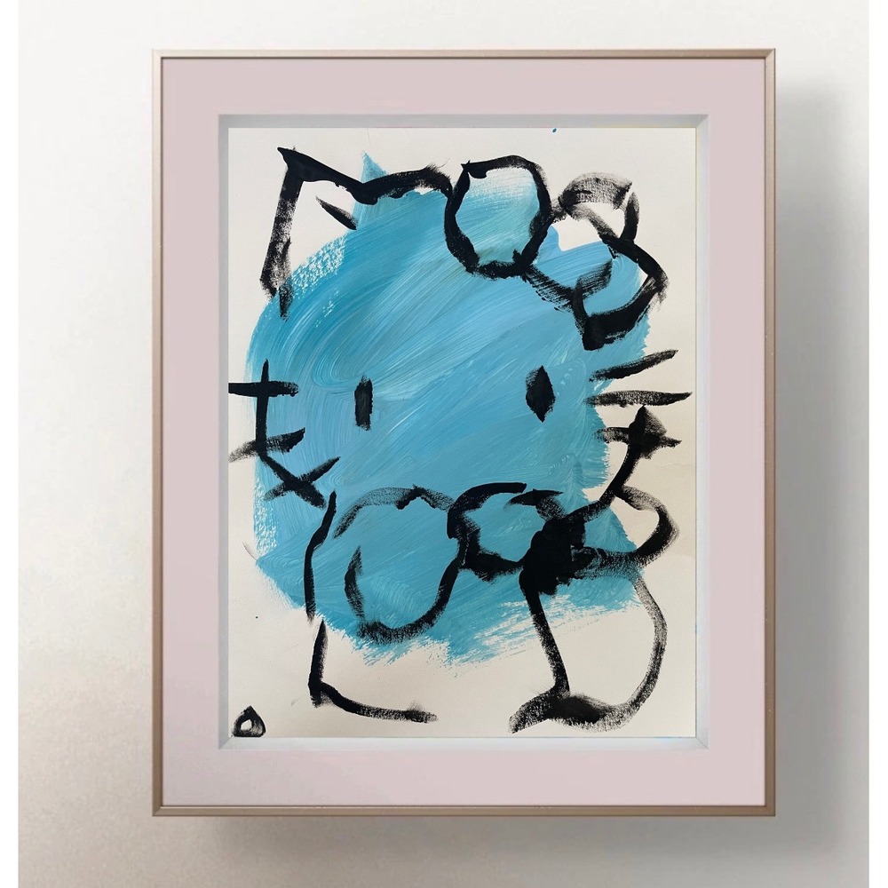 OMAN Original Hello Kitty Blue Cat Painting 8.5x11 Contemporary Pop Art Paper